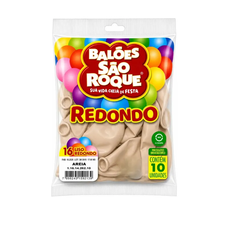 BALÃO REDONDO 10UN NÚMERO 16 LISO AREIA SÃO ROQUE