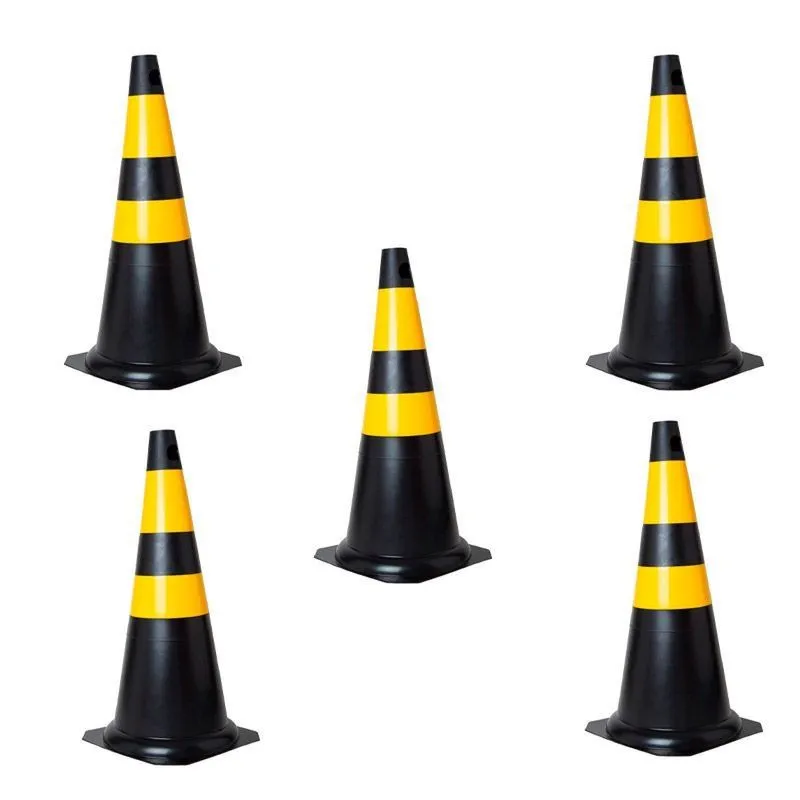 Kit com 05 Cones em PVC Rígido 75cm Preto e Amarelo