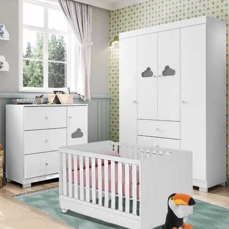 Quarto Infantil Completo Ane com Guarda Roupa 4 Portas, Cômoda 4 Gavetas e Berço Branco Sem Colchão Phoenix Baby
