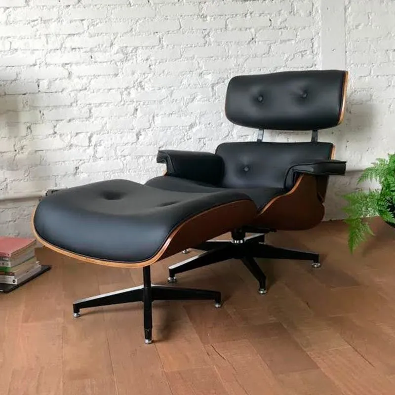 Poltrona Couro Ecologico Charles Eames Com Puff Preto