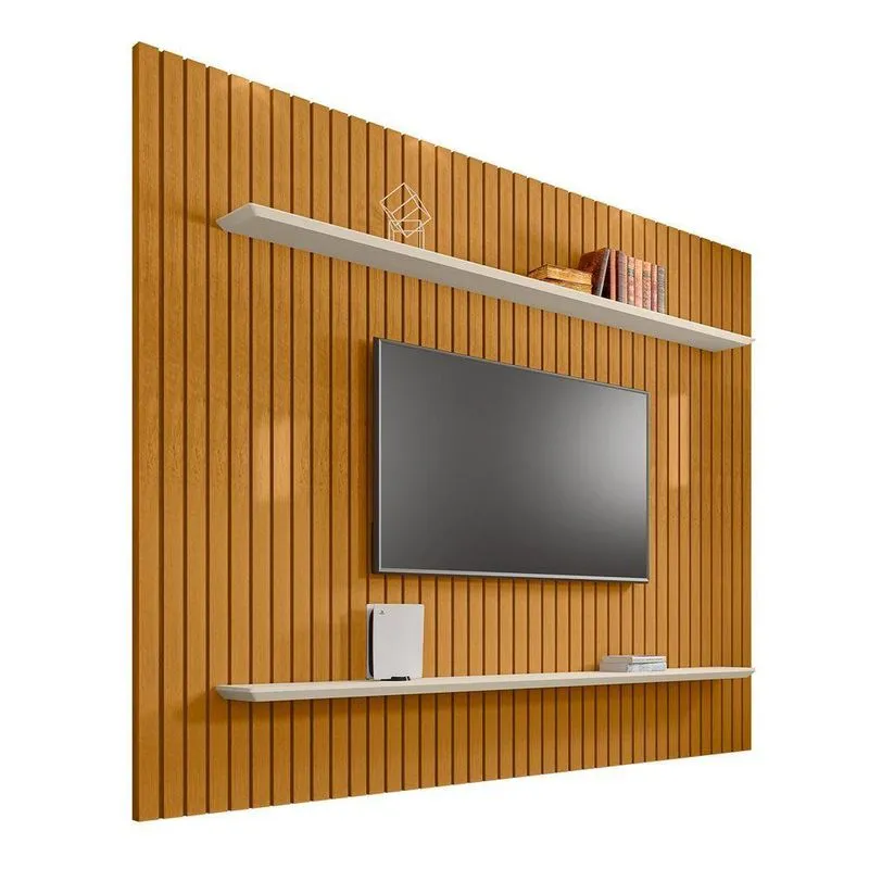 Painel Roma 230cm MDF com Acabamento Ripado Cinamomo e Off White RV Móveis