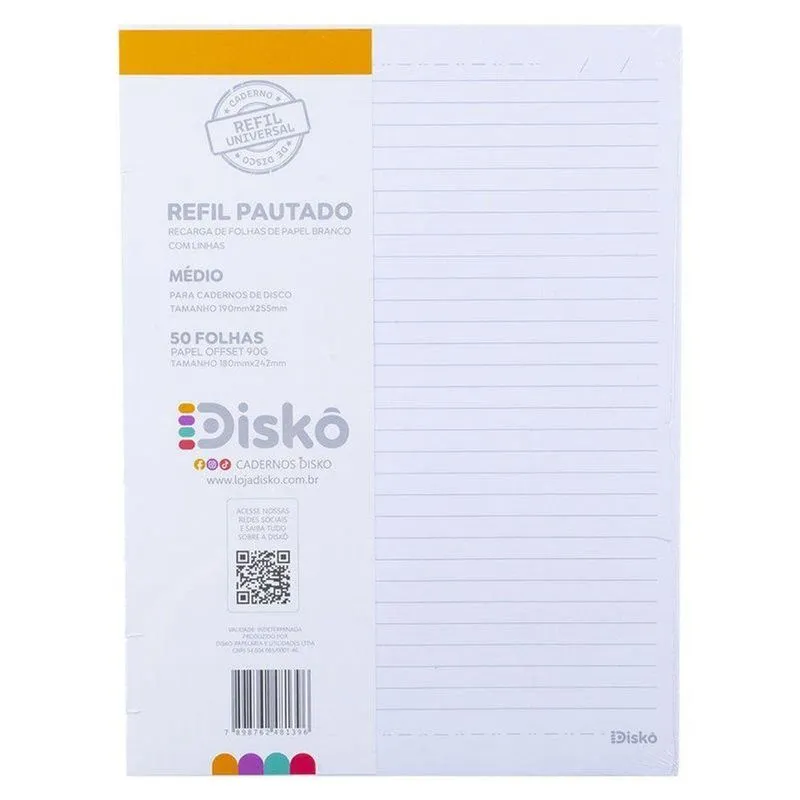 Refil Pautado Para Caderno De Disco Disko Refil Disko 50 Folhas Médio Branco