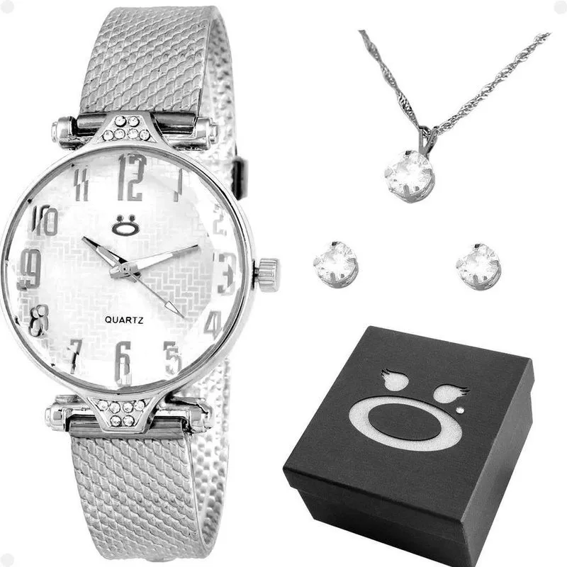 Relogio Feminino Prata Silicone + Colar Brincos + Caixa
