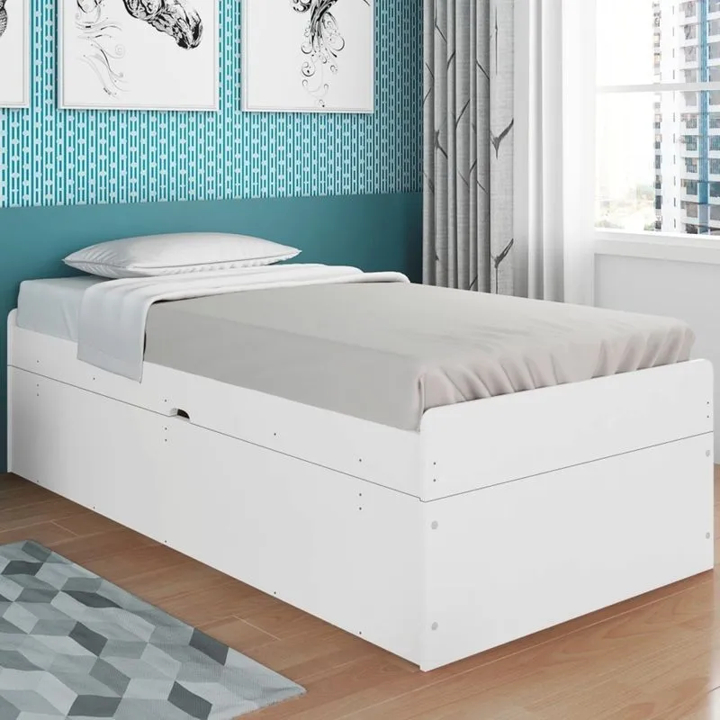Cama Solteiro Baú Cinthya Branco com Colchão