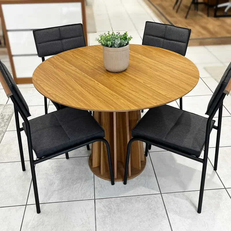 Conjunto de Jantar Mesa Redonda MDF e 4 Cadeiras Estofadas