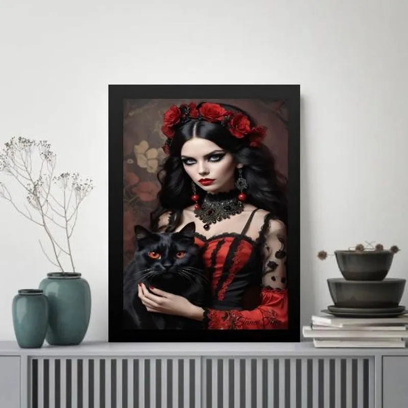 Quadro Pombagira Com Gato Preto 45X34Cm
