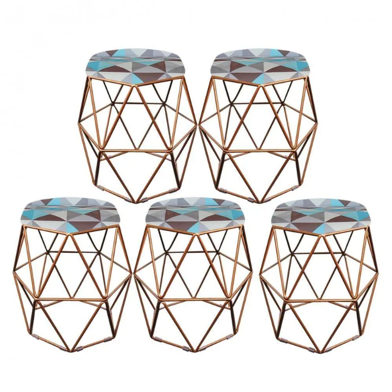 Kit 05 Puff Banqueta Aramado Luna Hexágono Base Bronze Triângulo Azul