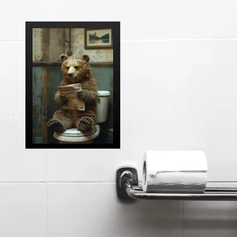 Quadro Divertido Banheiro Ursinho Lendo Jornal 24X18Cm Vidro