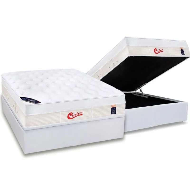 Cama Box Baú Casal: Colchão Molas Pocket Ensacadas Castor Gold Star Vitagel Max + Base crc Courano White(138x188)