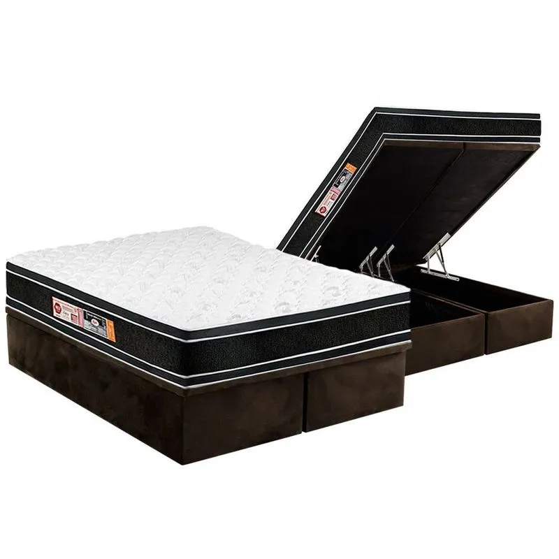 Cama Box Baú King: Colchão Espuma Castor D33 Black e White Double Face + Base CRC Suede Brown(193x203)