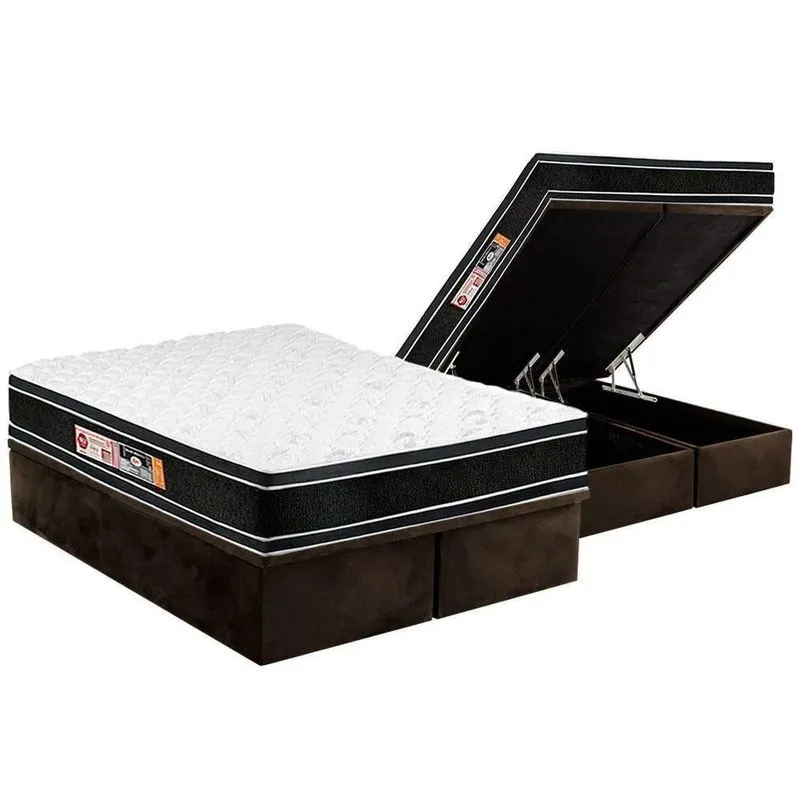 Cama Box Baú Queen: Colchão Espuma Castor D33 Black E White Double FaceBase Suede Brown(158x198)