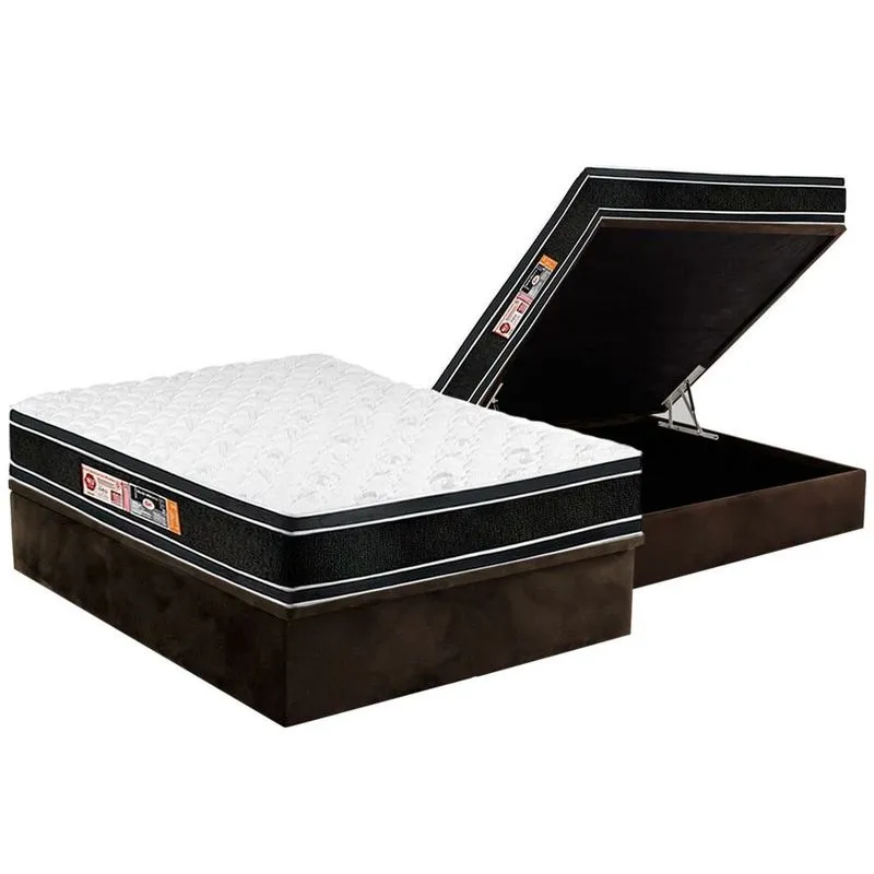 Cama Box Baú Casal: Colchão Espuma Castor D33 Black e White Double Face + Base CRC Suede Brown(138x188)