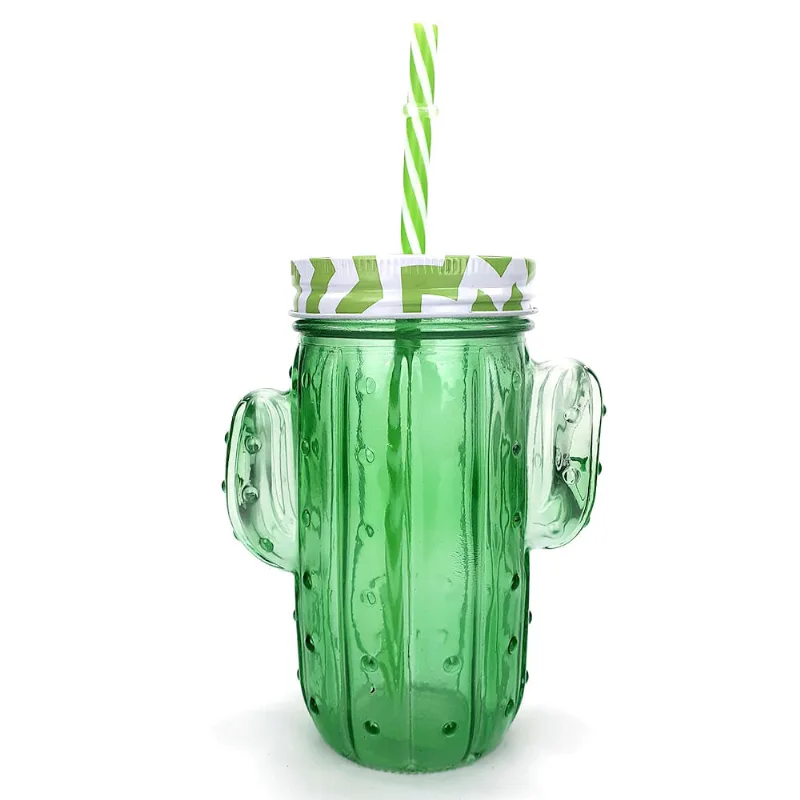 Caneca Cacto Vidro com Tampa e Canudo Verde Útil Bazar 420ml 12360GREEN