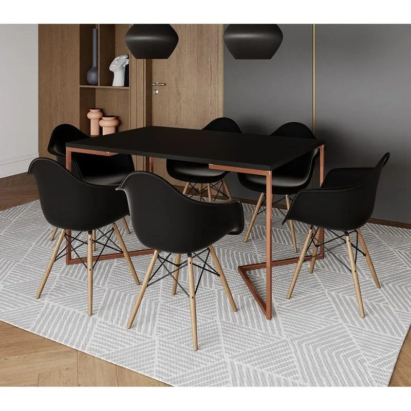 Mesa Industrial Retangular Jantar 137x90cm Preta Base Cobre V Com 6 Poltronas Pretas Ma Marrom
