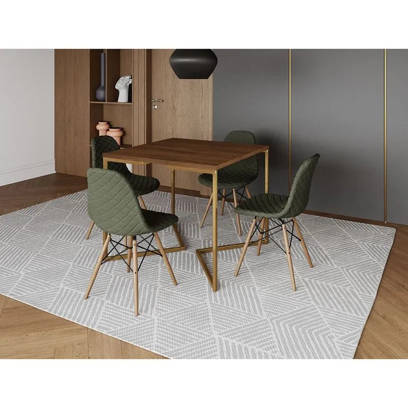Mesa Jantar Industrial Base V Dourado 90cm Quadrada Amêndoa c/ 4 Cadeiras Madeira Estofada Verde