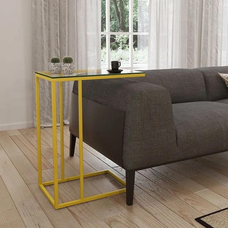 Mesa Lateral Industrial Elena de Vidro Base Ferro Amarelo