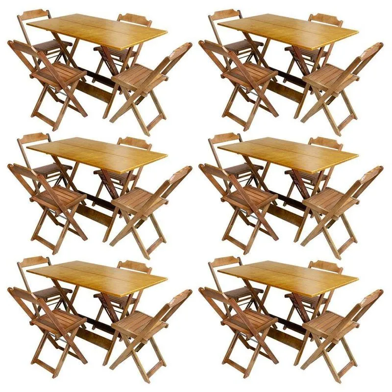 Kit 6 Conjuntos De Mesa Com 4 Cadeiras De Madeira Dobravel 120x70 Mel - Amarelo