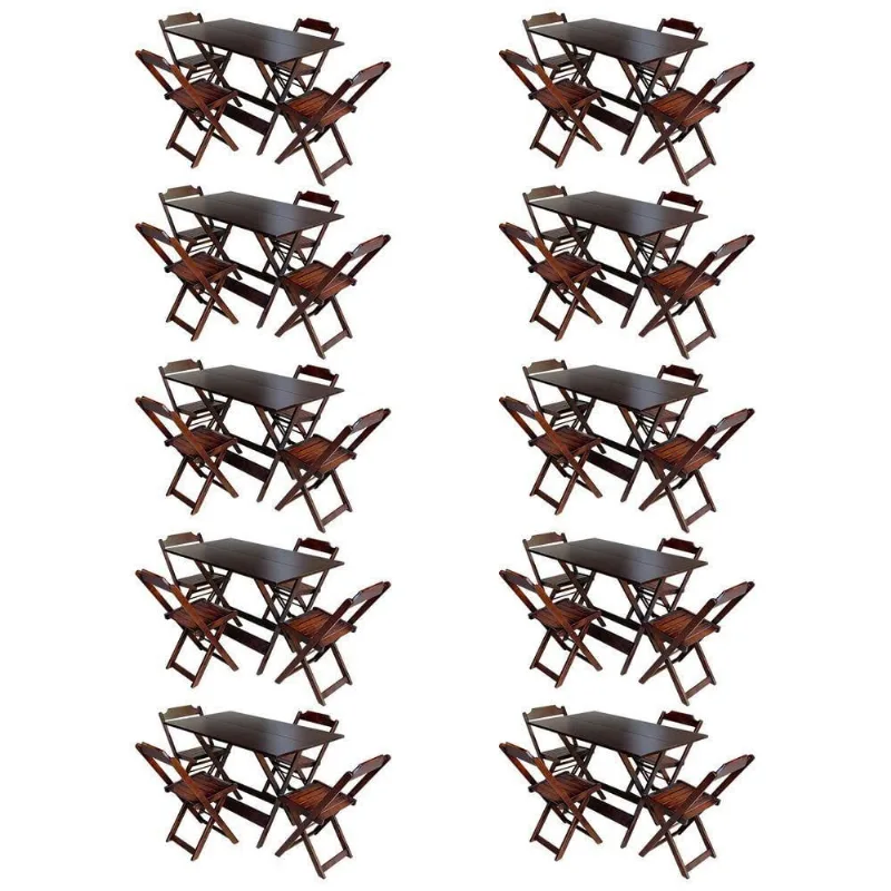 Kit 10 Conjuntos De Mesa Com 4 Cadeiras De Madeira Dobravel 120X70 Imbuia - Marrom