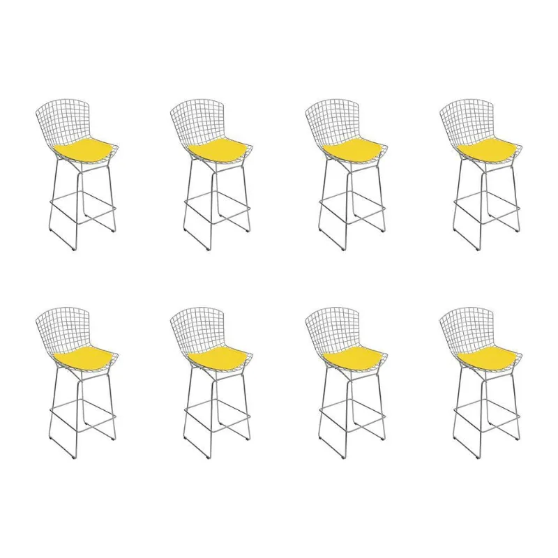 Kit 8 Banquetas Bistrô Bertoia Cromada D60 Com Assento Sintético Amarelo