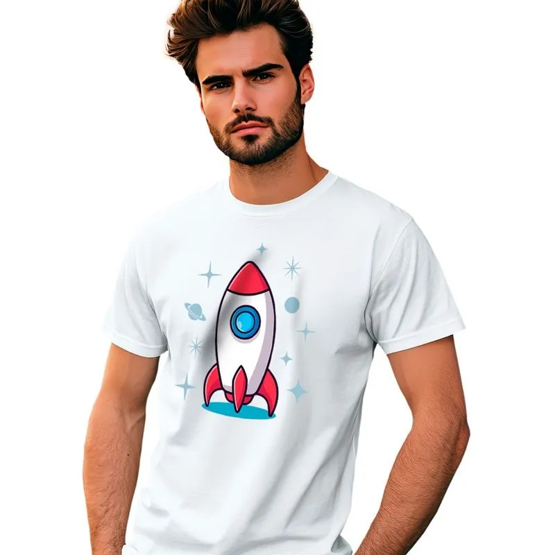 Camiseta Masculina Estampa Foguete 100% Algodão Branca