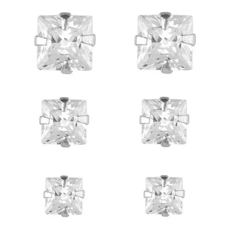 Trio Brinco Pedra Zirconia Quadrado Prata 925 3 4 5 Mm