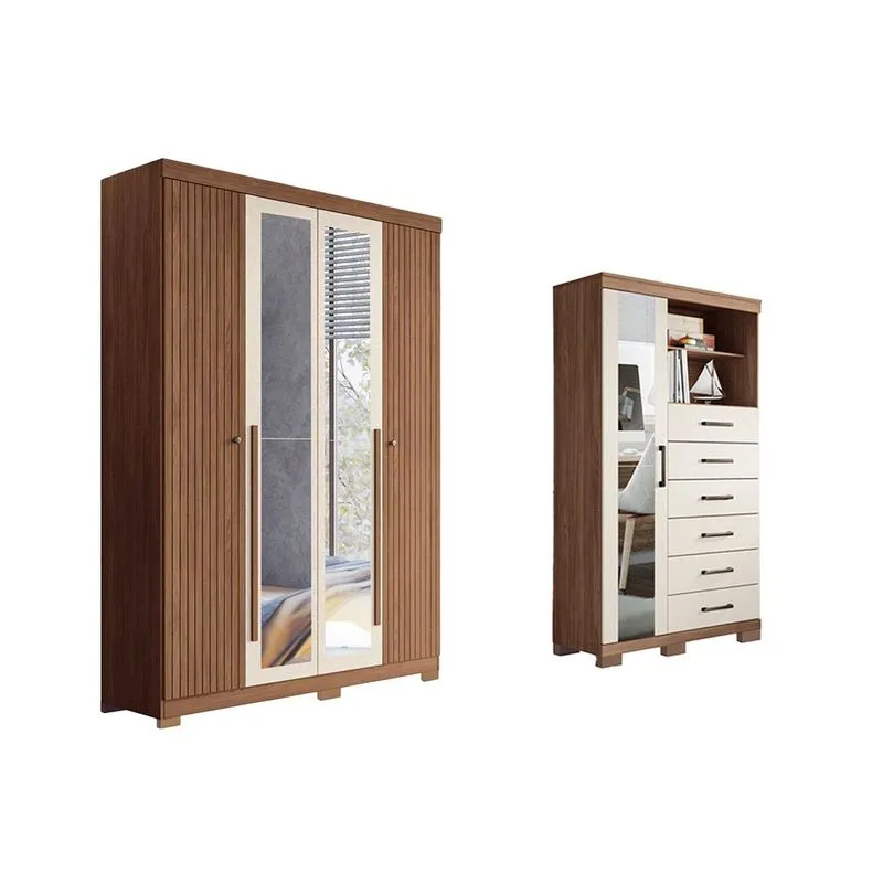 Quarto Completo Casal Guarda Roupa 4 Ptas Buriti + Cômoda Marabá Areia S. Andirá