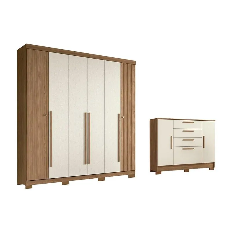 Quarto Completo Solteiro Guarda Roupa 6Ptas Buriti + Cômoda Pinhais Areia S. Andirá