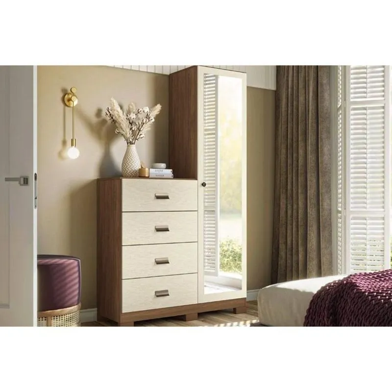 Cômoda Solteiro Estilo c- 1 Porta c- Espelho 4 Gavetas E Pés Jatobá-areia - Santos Andirá