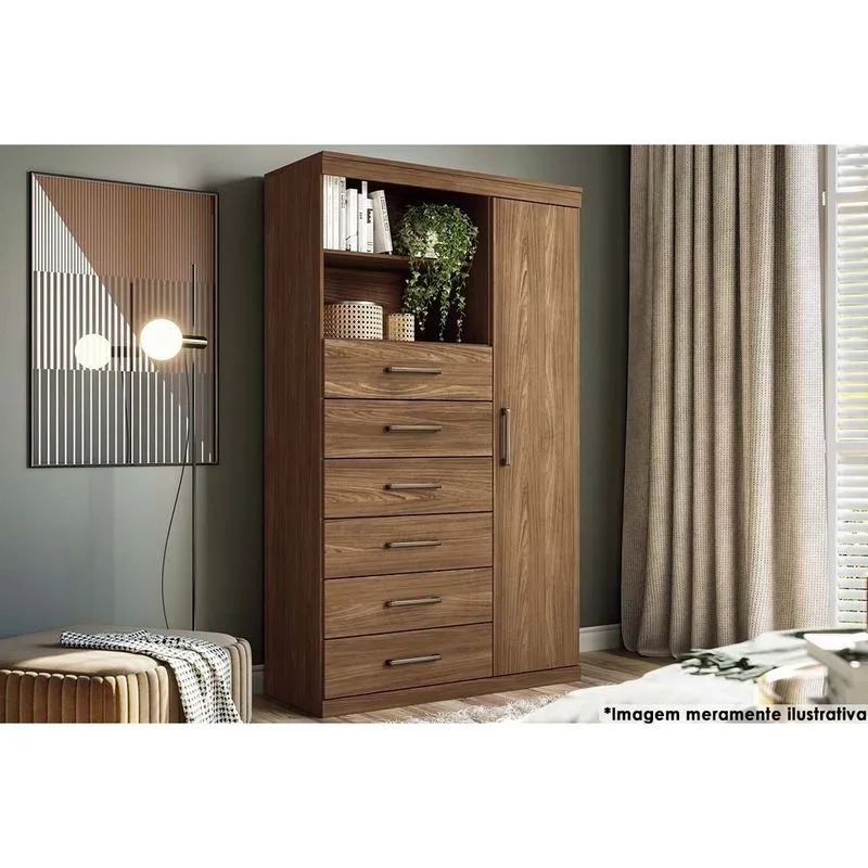 Cômoda Solteiro Marabá 1.6 c/ 1 Porta 2 Nichos e 6 Gavetas Jatoba - Santos Andirá