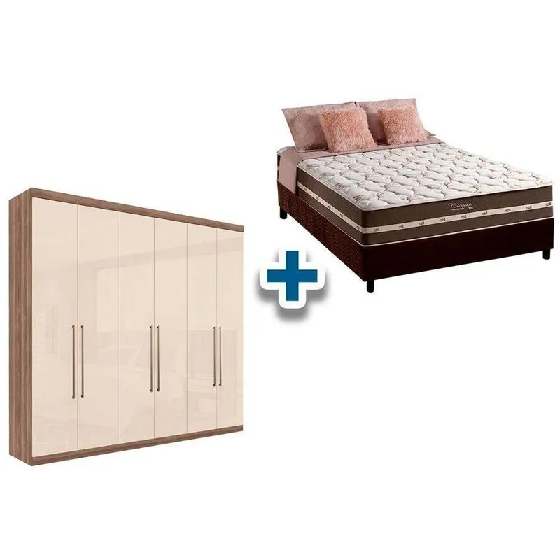 Cama Box Casal + Colchão Classic + Guarda Roupa Imaginare 6.4 Castanha/Off White