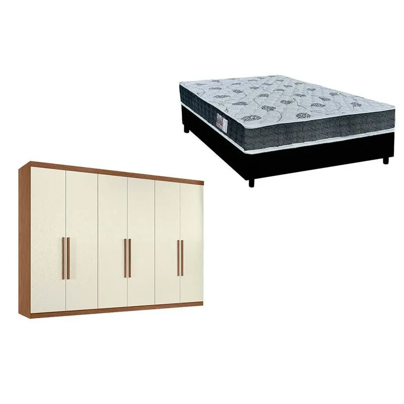 Cama Box Casal + Colchão D45 Cecina + Guarda Roupa Imaginare 6.4 Castanha/Off White