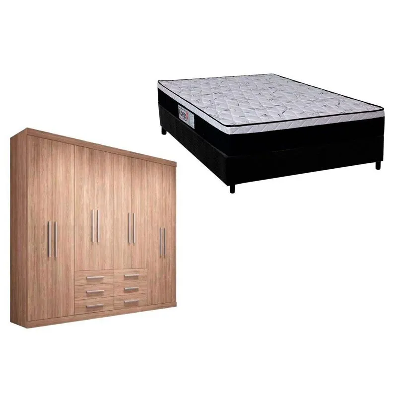 Cama Box Casal + Colchão Foggia Sogni + Guarda Roupa Master 8.6 Atacama-Jatobá
