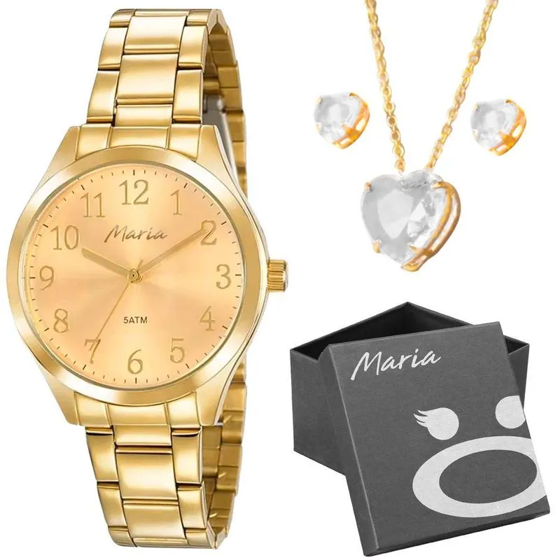 Colar + Relogio Feminino Dourado Aço Inox Moda Social Casual