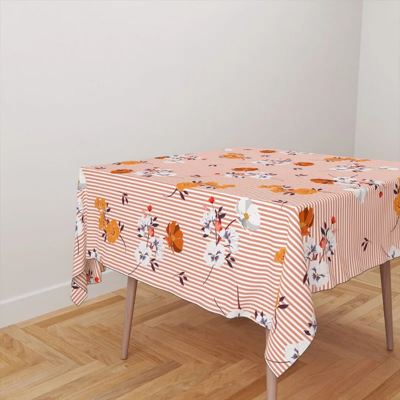 Toalha De Mesa Quadrada 4 Lugares Tecido Oxford Flores Laranjas Listras TL214 - 140x140cm