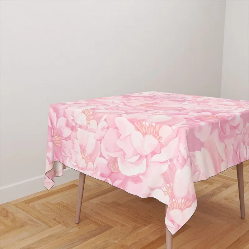 Toalha De Mesa Quadrada Tecido Oxford Rosa Claro Flores Grandes TL189 - 140x140cm