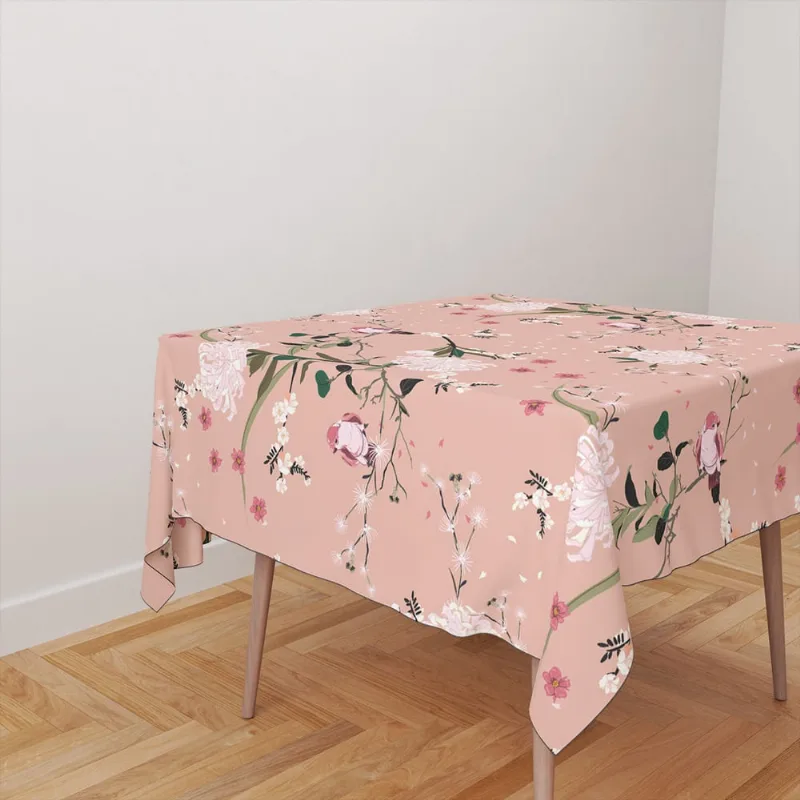 Toalha De Mesa Quadrada Tecido Oxford Rosa Flores e Pássaros TL236 - 140x140cm