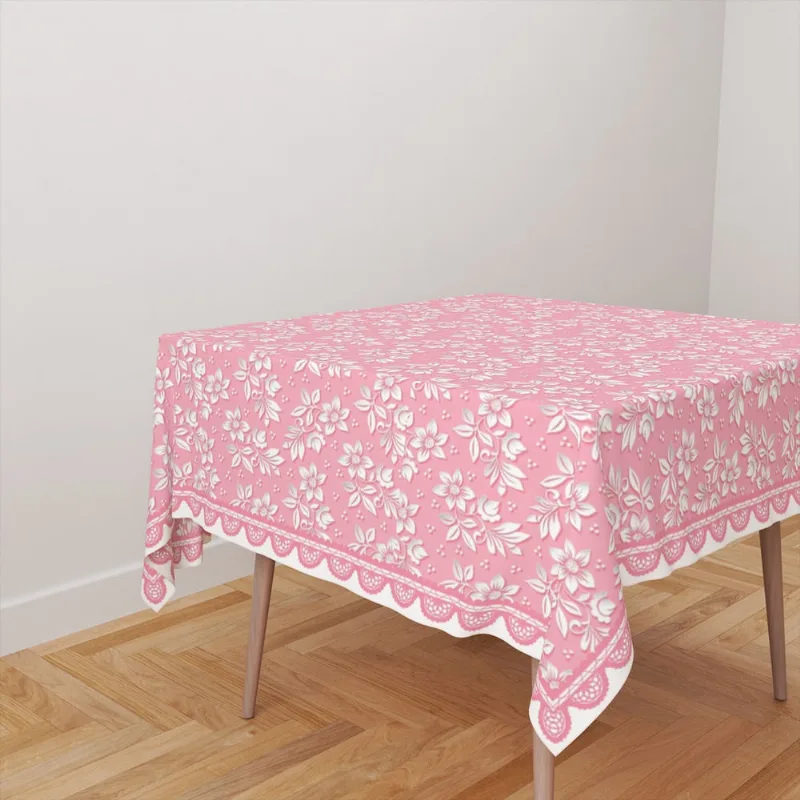 Toalha De Mesa Quadrada Tecido Oxford Rosa Flores TL18 - 140x140cm