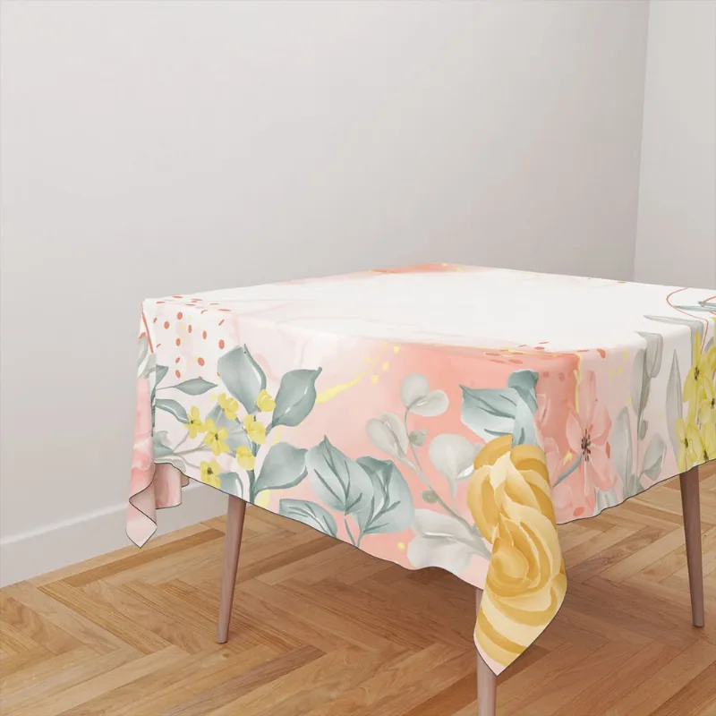 Toalha De Mesa Quadrada Tecido Oxford Rosas Aquarela Coral e Amarelo TL261 - 140x140cm