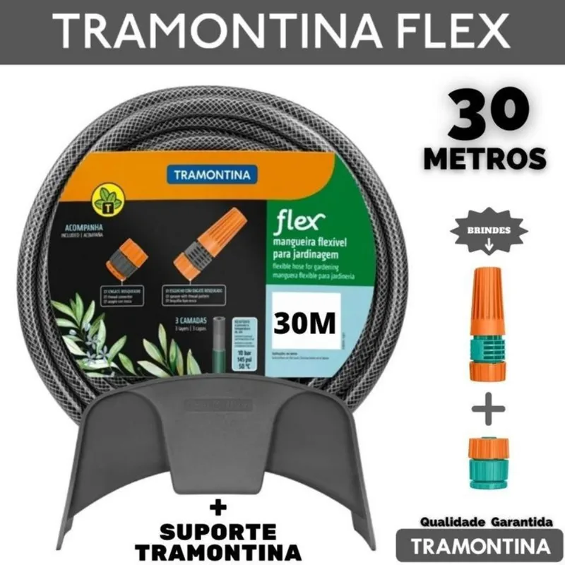 Mangueira Quintal Tramontinaflex Preta 30 Mts + Suporte