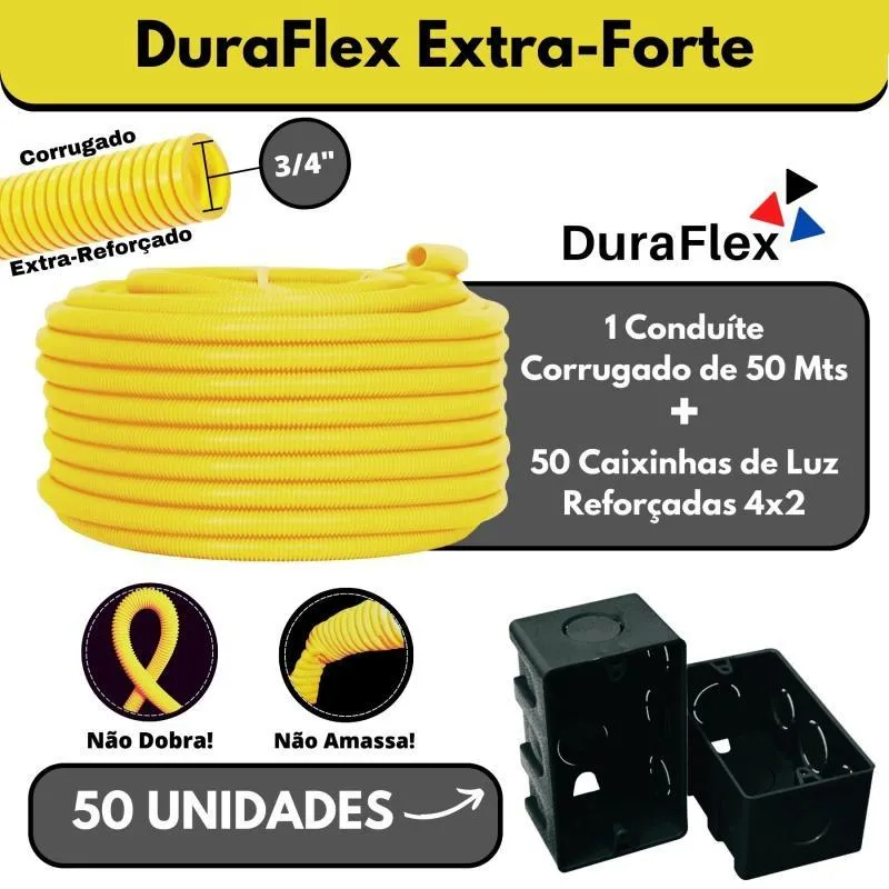 Kit 1 Conduíte Amarelo 3/4 50m + 50 Caixas 4x2 Pretas