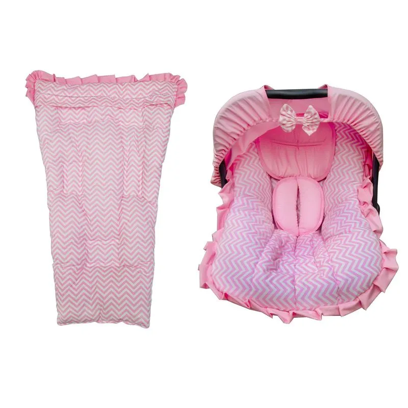 Capa Carrinho+capa De Bebê Conforto+capota Chevron Rosa