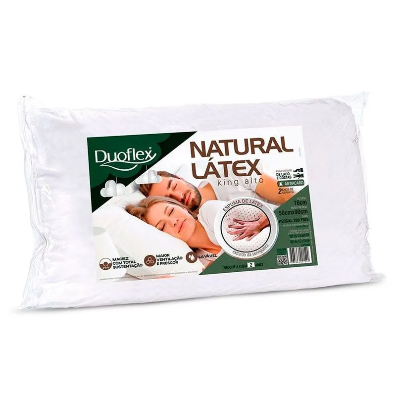 Travesseiro Látex Natural King Alto LN1000 Lavável c/ Capa Percal 200 Fios 90x50 - Duoflex