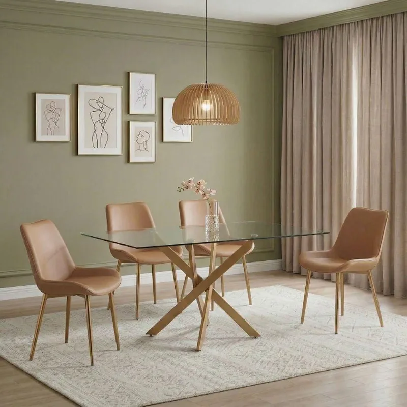 Conjunto de Jantar Lara 4 Lugares Vidro 10mm Base em Aço Carbono Bronze Caramelo 160cm Cadeira