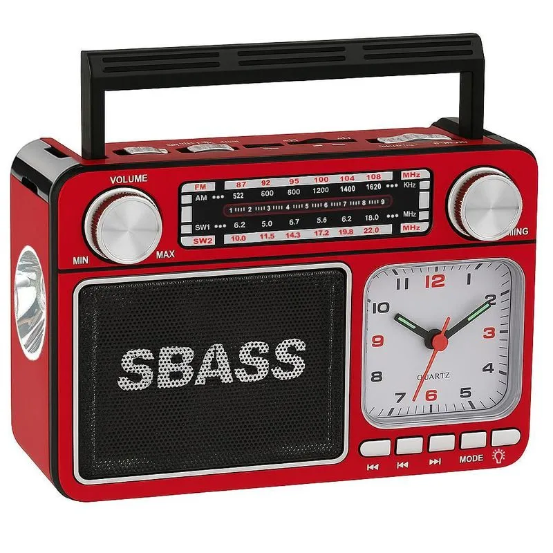 Rádio Portátil Recarregável Bluetooth Sbass Relógio, Usb, Tf