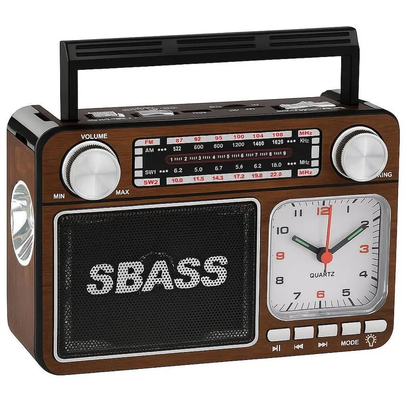 Rádio Portátil Recarregável Bluetooth Sbass Relógio, Usb, Tf