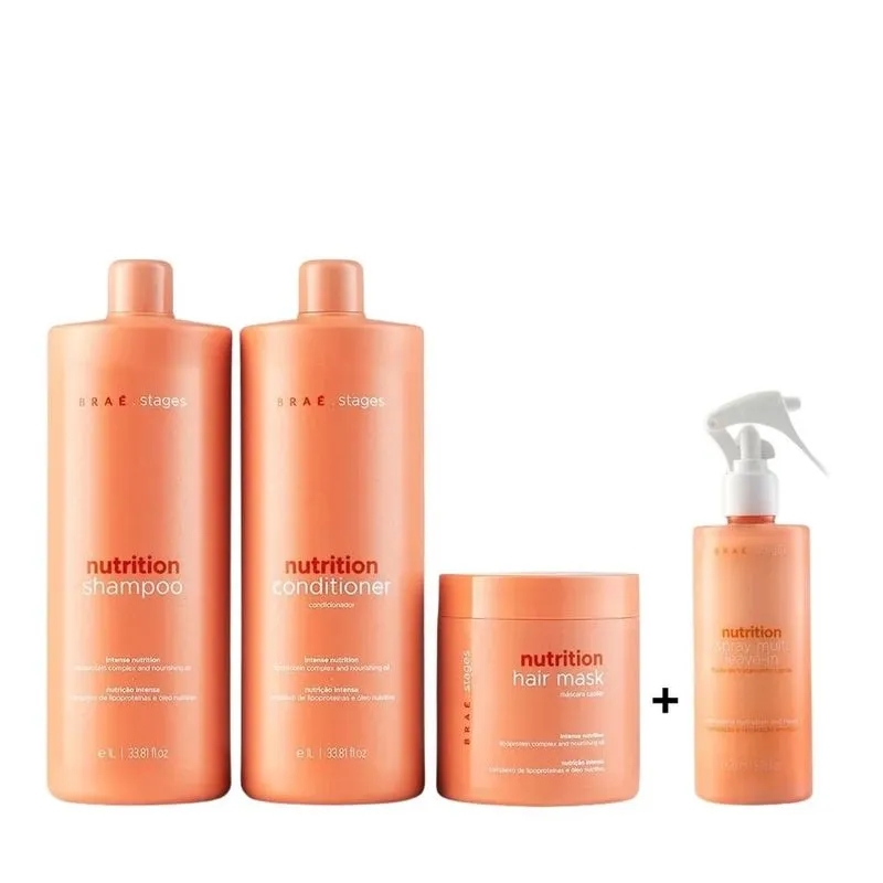 Kit Braé Stages Nutrition Shampoo e Condicionador 1L + Máscara 500G + Spray Multi Leave-in Condicionante 260ml