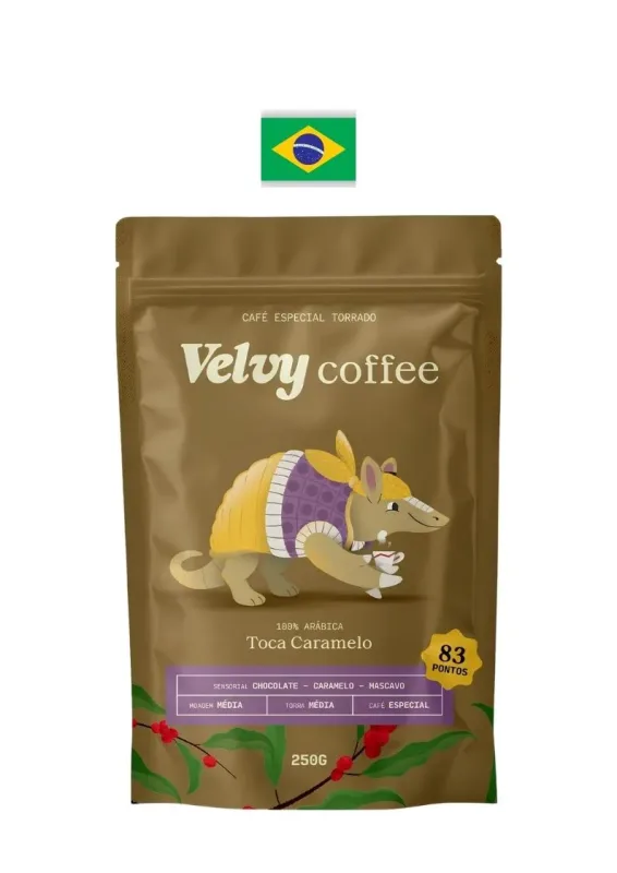 VELVY COFFEE TOCA CARAMELO GRAOS/MOIDO 250g - Café especial torrado em grãos/moído 100% arábica Toca Caramelo. Origem: Brasil