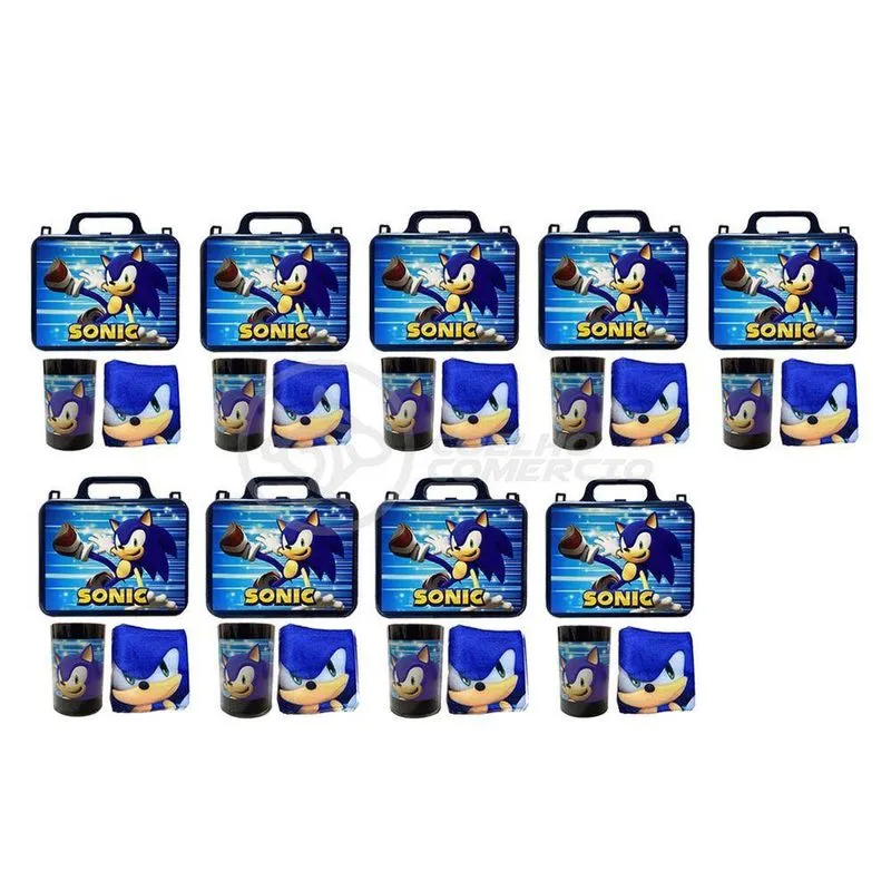 Kit Brinquedo Sonic Com 9 Lancheira De Maletinha + 9 Copo + 9 Mini Toalha Cor: azul + amarelo