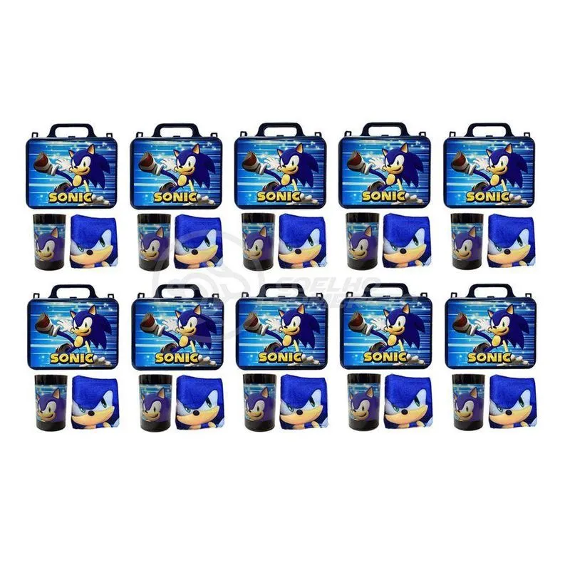 Kit Brinquedo Sonic Com 10 Lancheira De Maletinha + 10 Copo + 10 Mini Toalha Cor: azul + amarelo