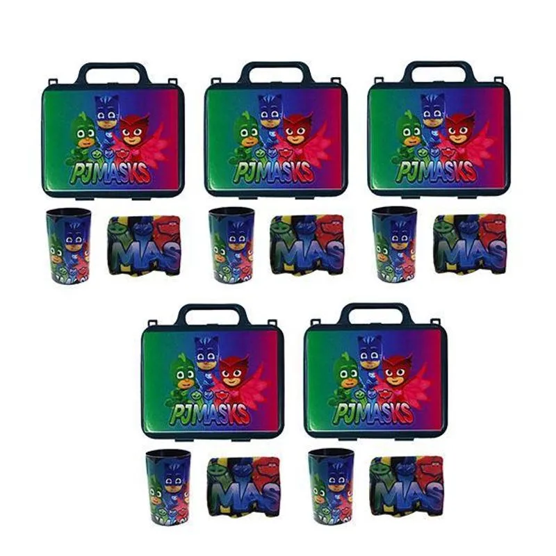 Kit Brinquedo Pjmask 5 Lancheira + 5 Copo + 5 Mini Toalha